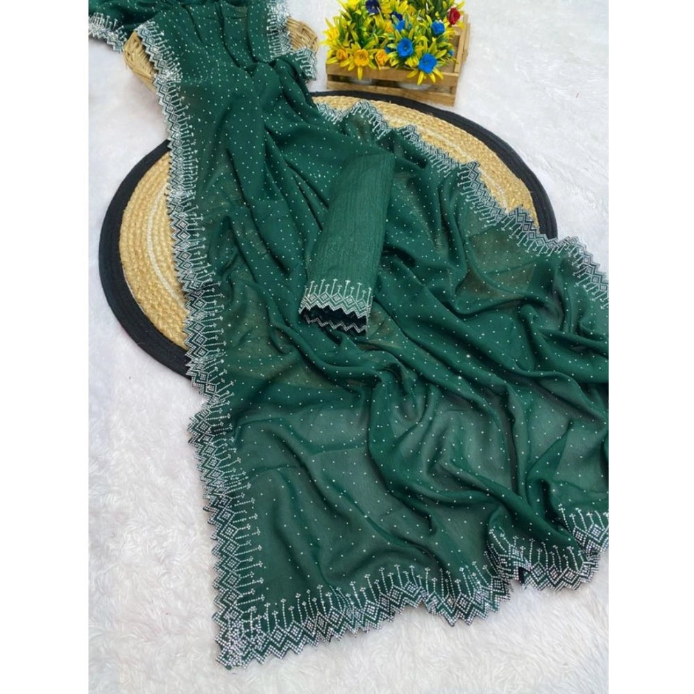 Women's Georgette Stone Work Saree With Unstitched Blouse 5.5 Mtr (Green)