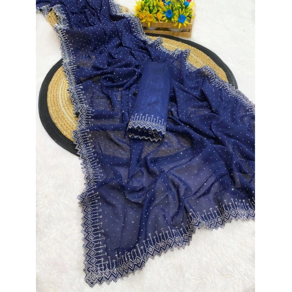 Women's Georgette Stone Work Saree With Unstitched Blouse 5.5 Mtr (Blue)