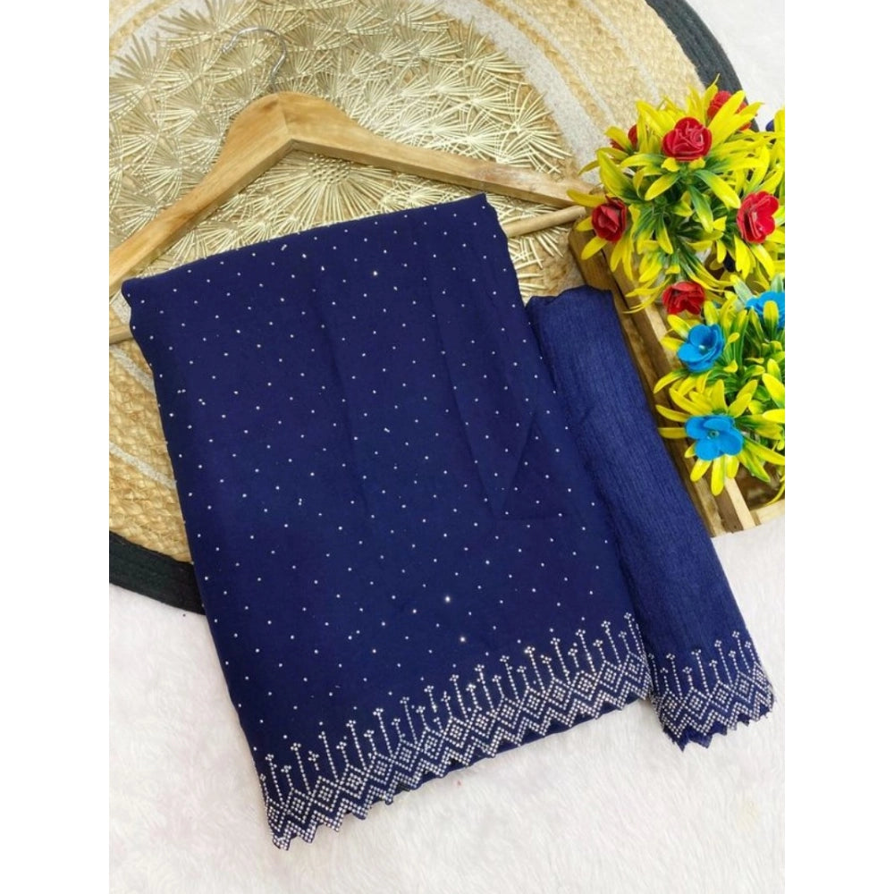 Women's Georgette Stone Work Saree With Unstitched Blouse 5.5 Mtr (Blue)