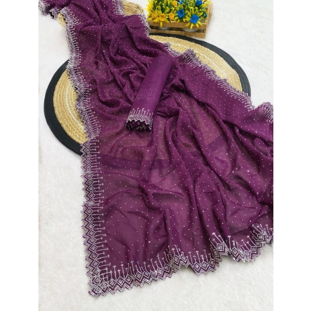 Women's Georgette Stone Work Saree With Unstitched Blouse 5.5 Mtr (Purple)