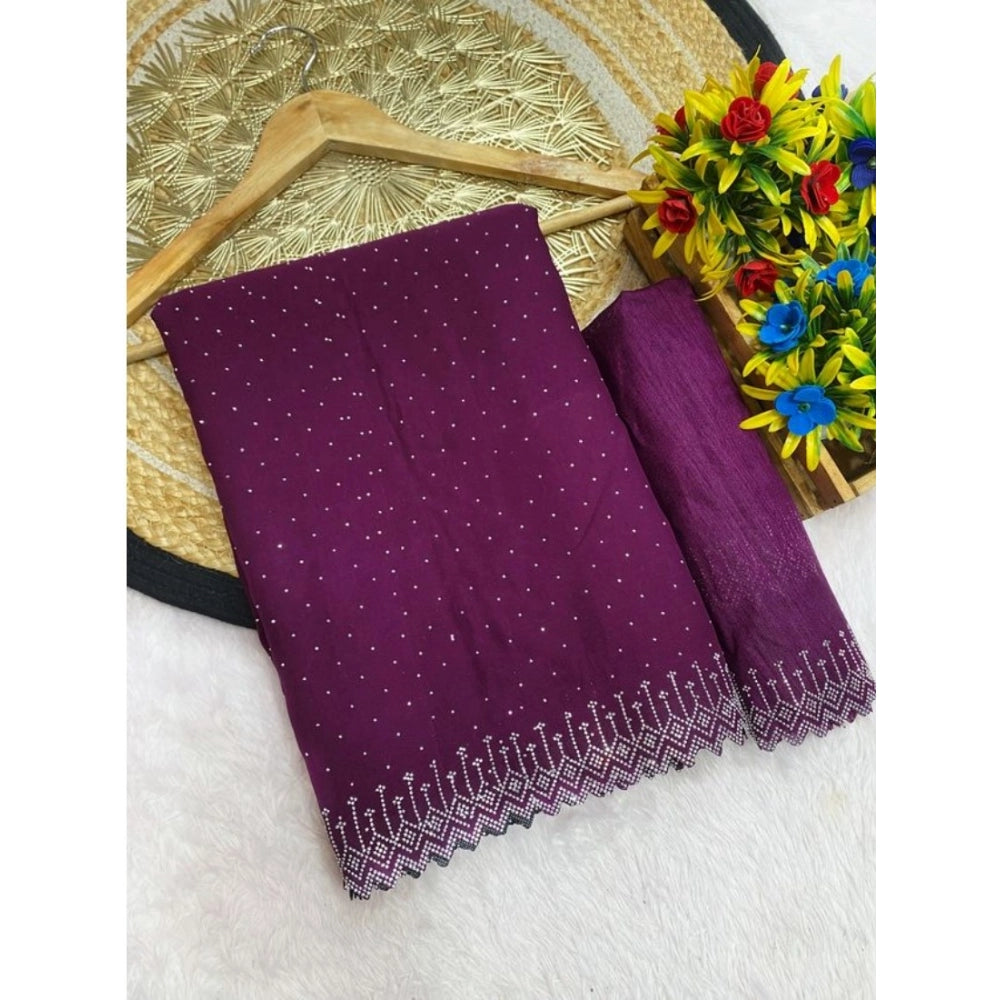 Women's Georgette Stone Work Saree With Unstitched Blouse 5.5 Mtr (Purple)