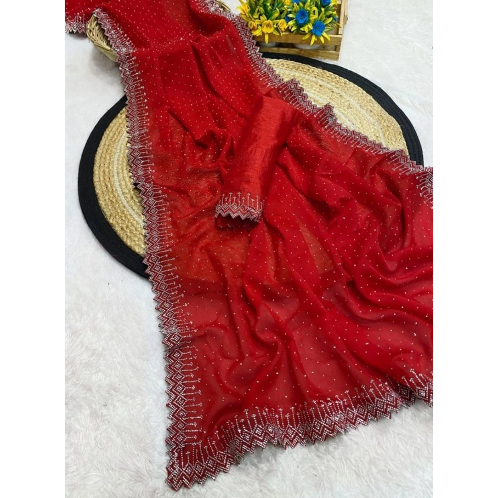 Women's Georgette Stone Work Saree With Unstitched Blouse 5.5 Mtr (Red)