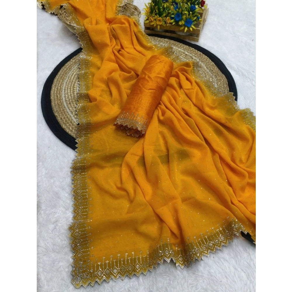 Women's Georgette Stone Work Saree With Unstitched Blouse 5.5 Mtr (Yellow)