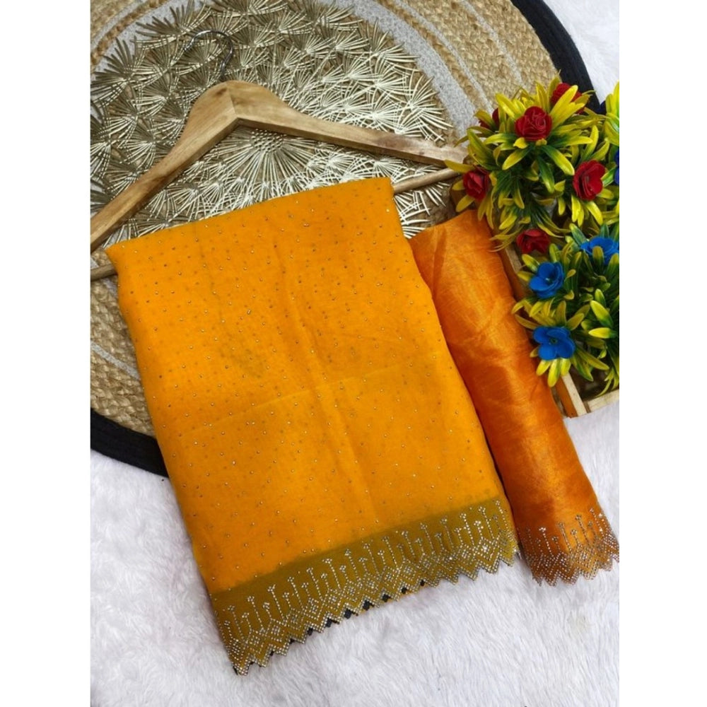Women's Georgette Stone Work Saree With Unstitched Blouse 5.5 Mtr (Yellow)