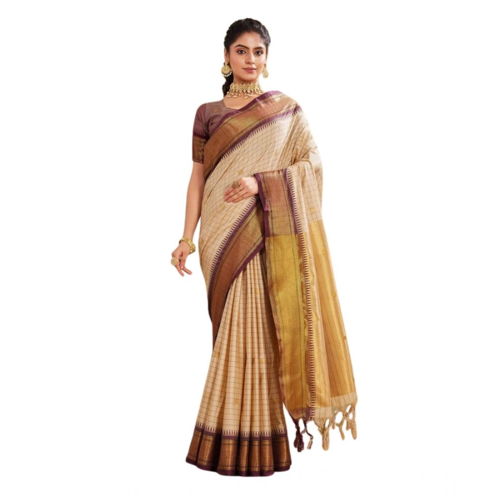 Women's Silk Blended Jaquard Woven Saree With Unstitched Blouse 5.5 Mtr (Beige)