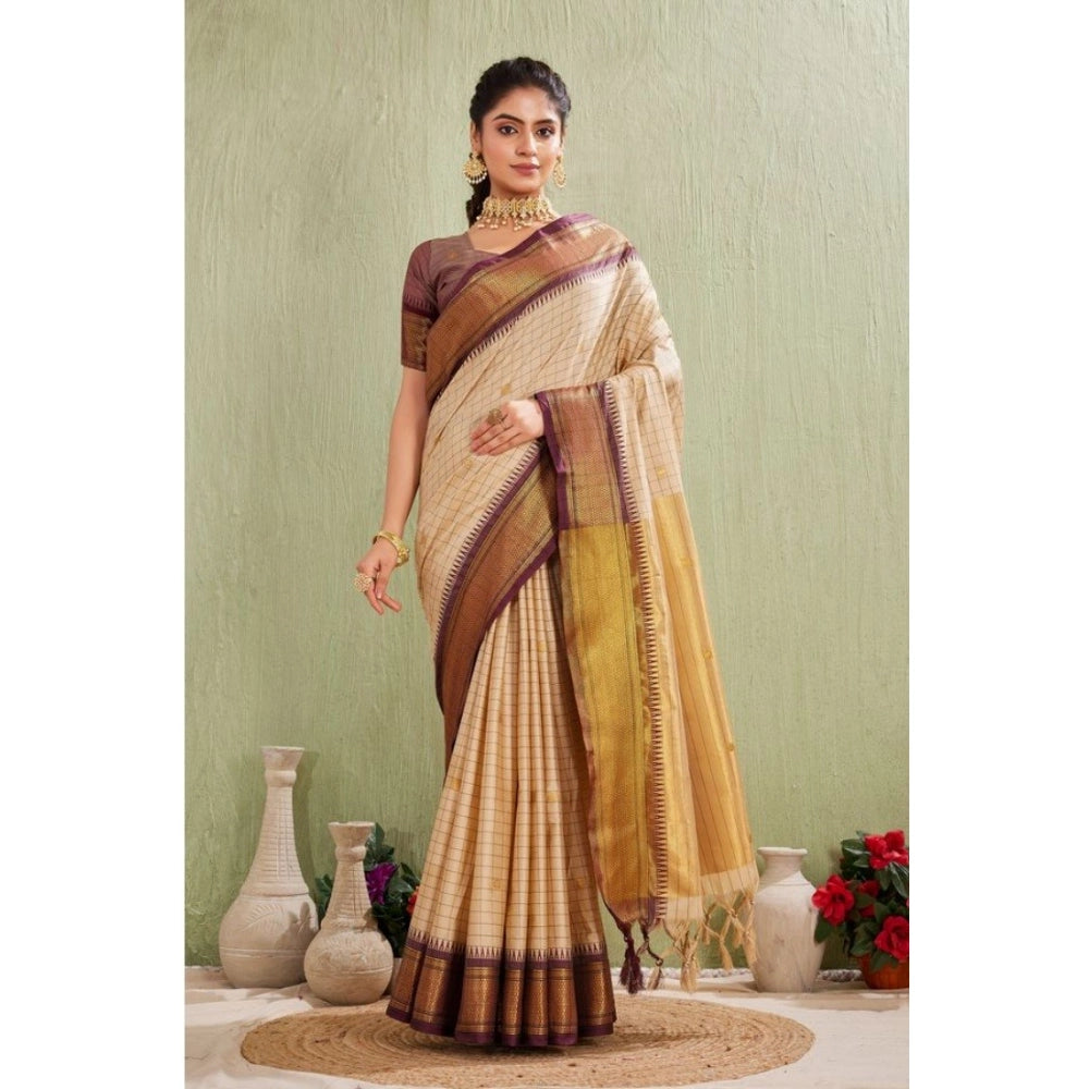Women's Silk Blended Jaquard Woven Saree With Unstitched Blouse 5.5 Mtr (Beige)
