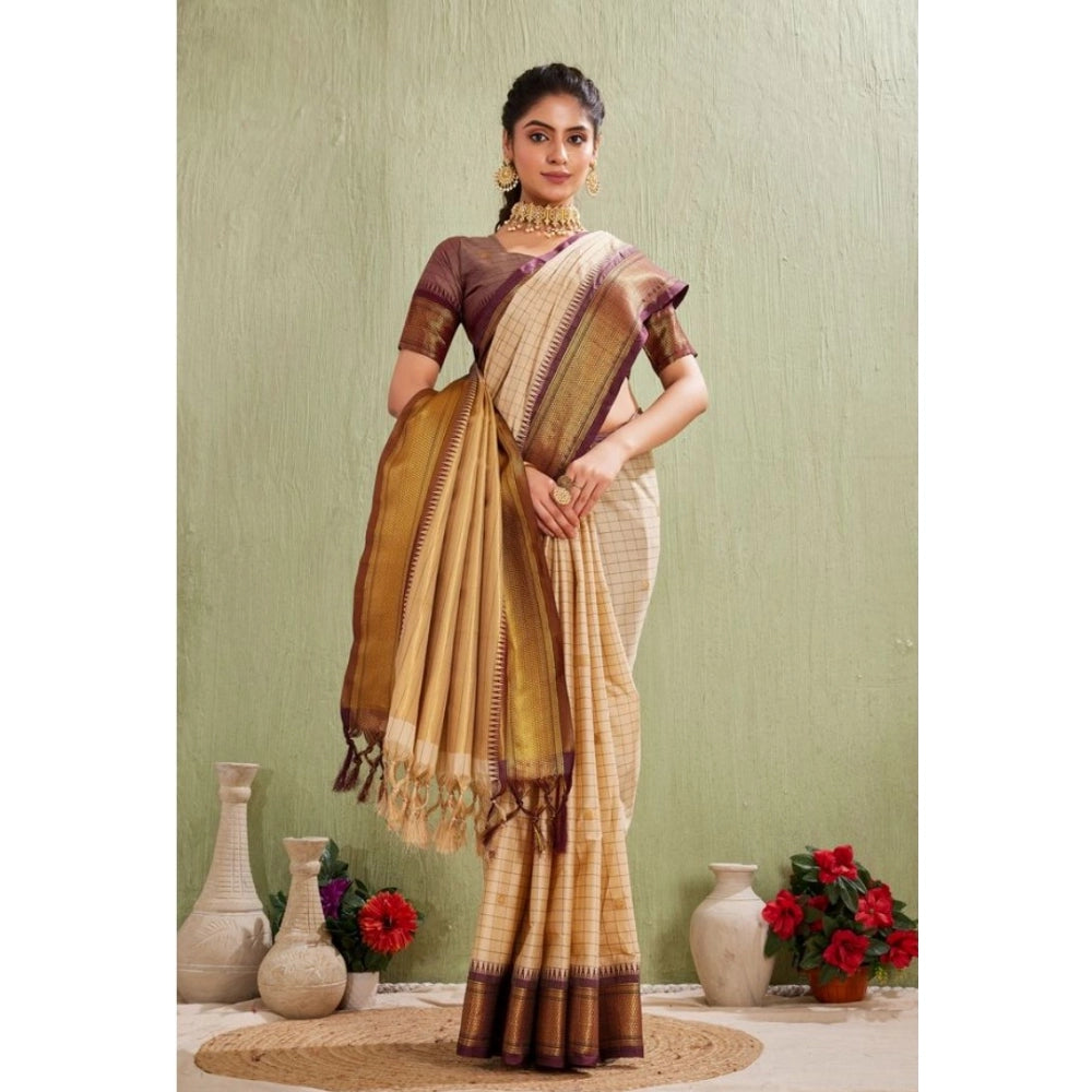 Women's Silk Blended Jaquard Woven Saree With Unstitched Blouse 5.5 Mtr (Beige)