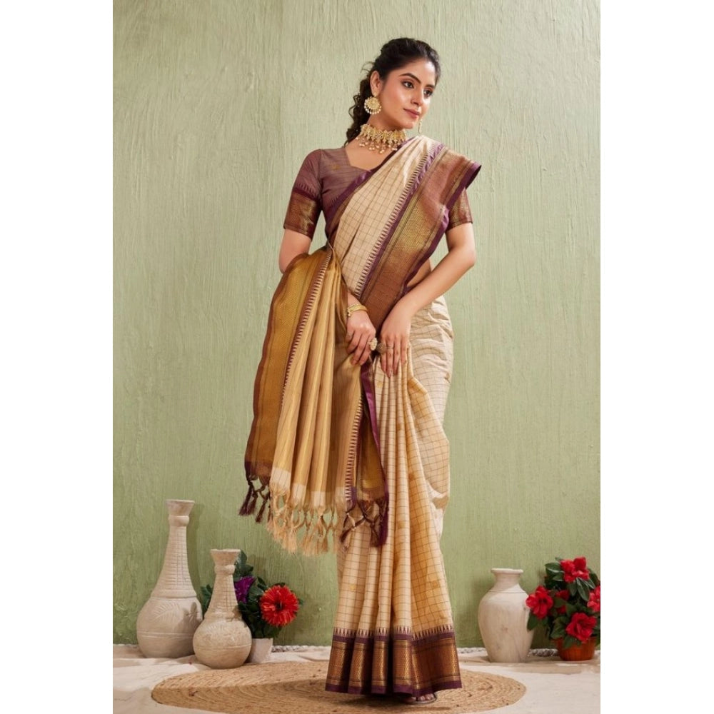 Women's Silk Blended Jaquard Woven Saree With Unstitched Blouse 5.5 Mtr (Beige)