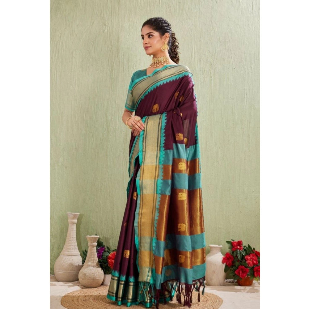 Women's Silk Blended Jaquard Woven Saree With Unstitched Blouse 5.5 Mtr (Purple)