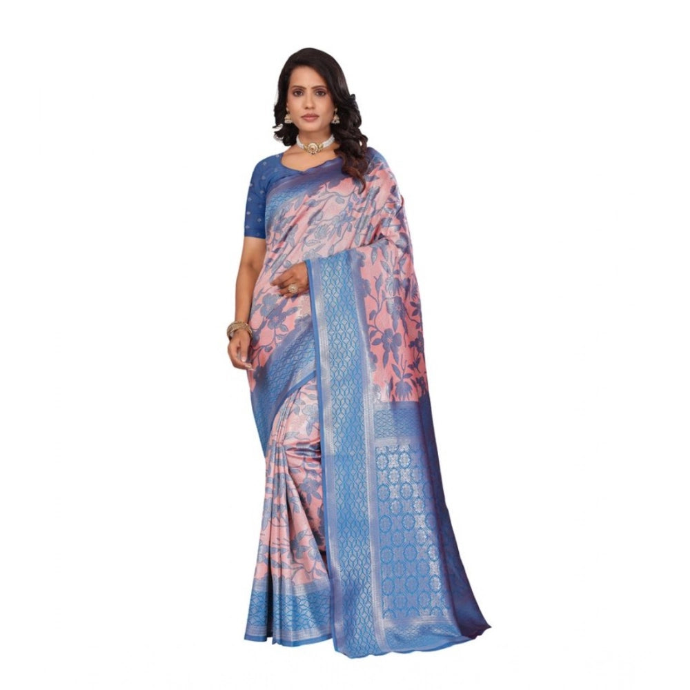 Women's Banarasi Silk Jaquard Woven Saree With Unstitched Blouse 5.5 Mtr (Pink)