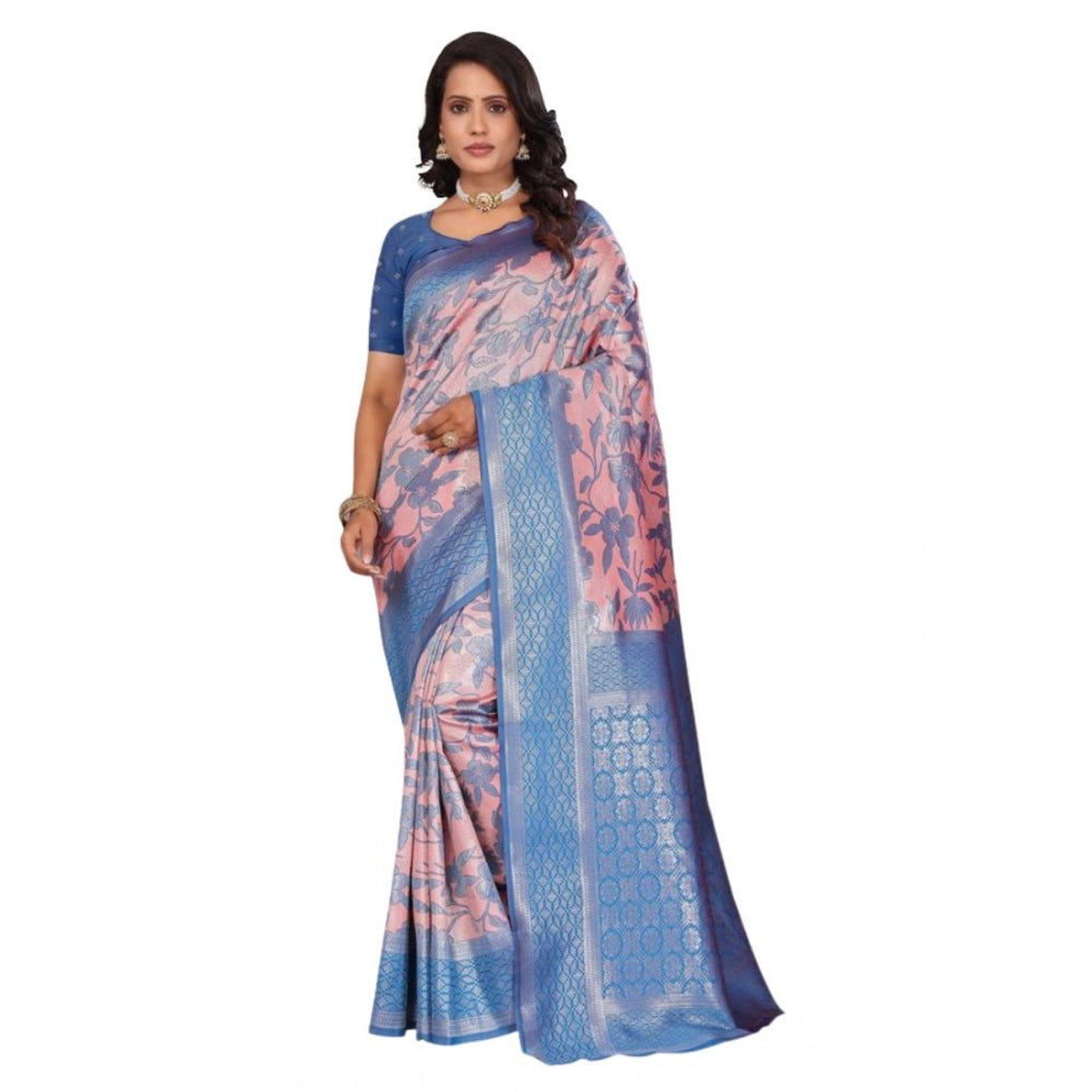Women's Banarasi Silk Jaquard Woven Saree With Unstitched Blouse 5.5 Mtr (Pink)