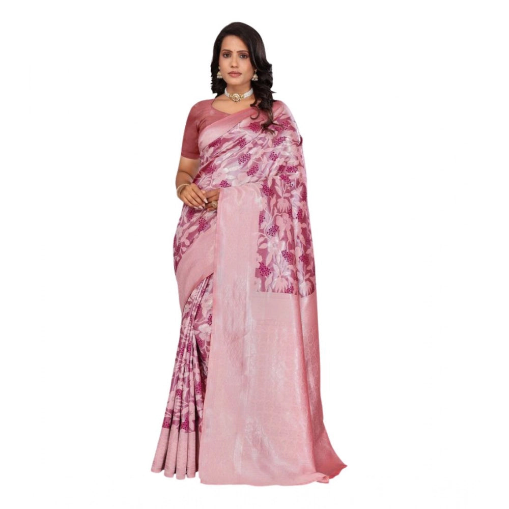 Women's Banarasi Silk Jaquard Woven Saree With Unstitched Blouse 5.5 Mtr (Pink)
