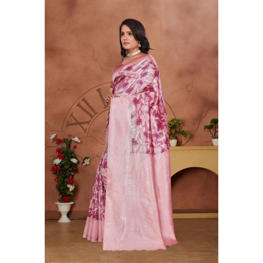 Women's Banarasi Silk Jaquard Woven Saree With Unstitched Blouse 5.5 Mtr (Pink)