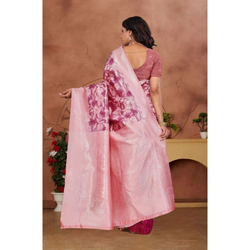 Women's Banarasi Silk Jaquard Woven Saree With Unstitched Blouse 5.5 Mtr (Pink)