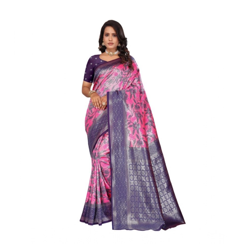 Women's Banarasi Silk Jaquard Woven Saree With Unstitched Blouse 5.5 Mtr (Pink)