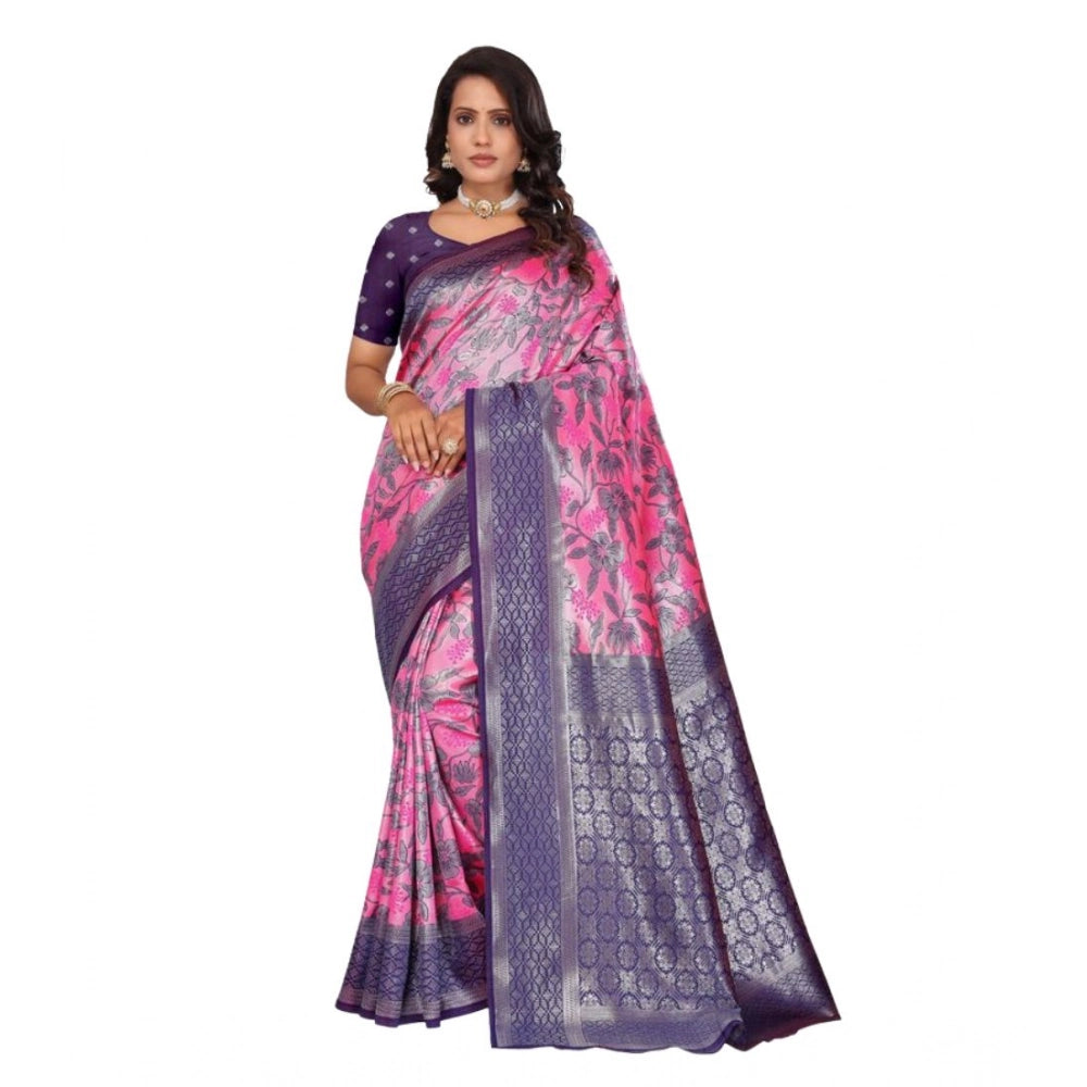 Women's Banarasi Silk Jaquard Woven Saree With Unstitched Blouse 5.5 Mtr (Pink)