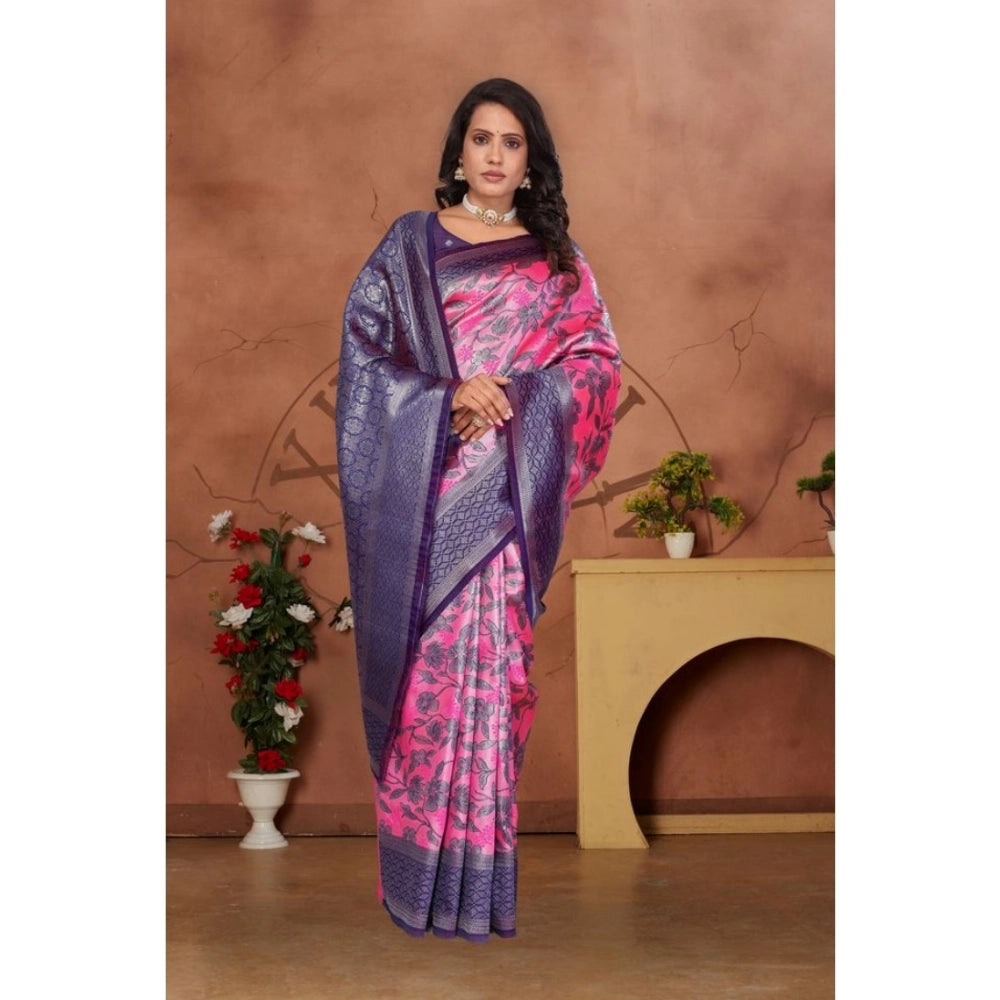 Women's Banarasi Silk Jaquard Woven Saree With Unstitched Blouse 5.5 Mtr (Pink)