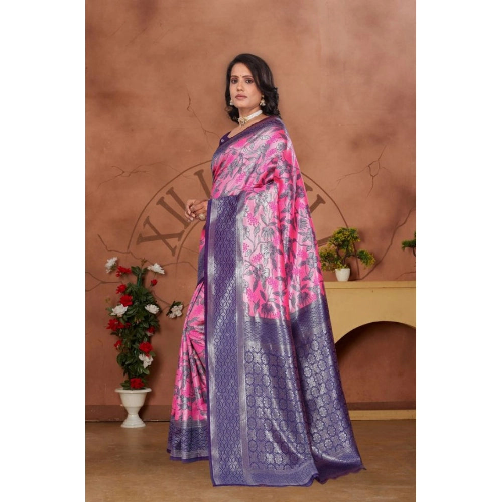 Women's Banarasi Silk Jaquard Woven Saree With Unstitched Blouse 5.5 Mtr (Pink)