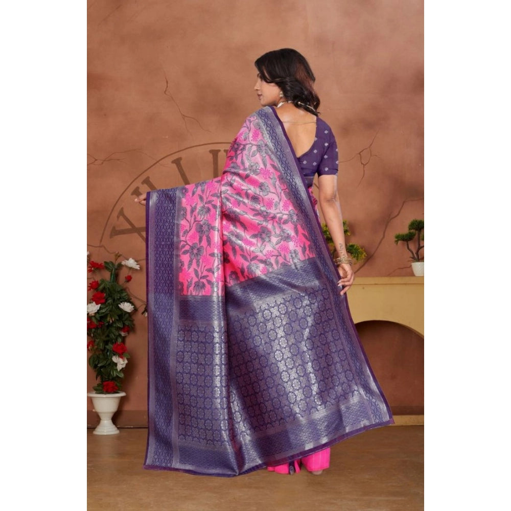 Women's Banarasi Silk Jaquard Woven Saree With Unstitched Blouse 5.5 Mtr (Pink)