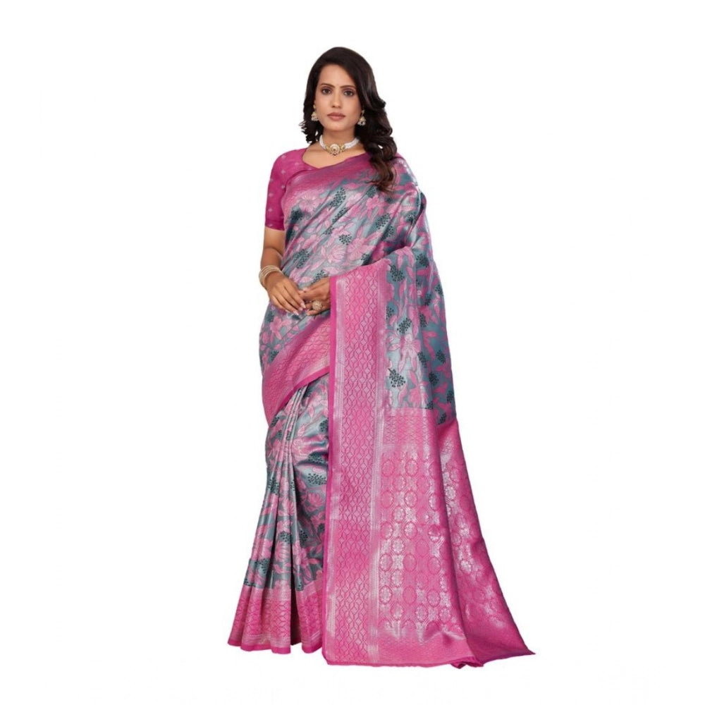 Women's Banarasi Silk Jaquard Woven Saree With Unstitched Blouse 5.5 Mtr (Pink)