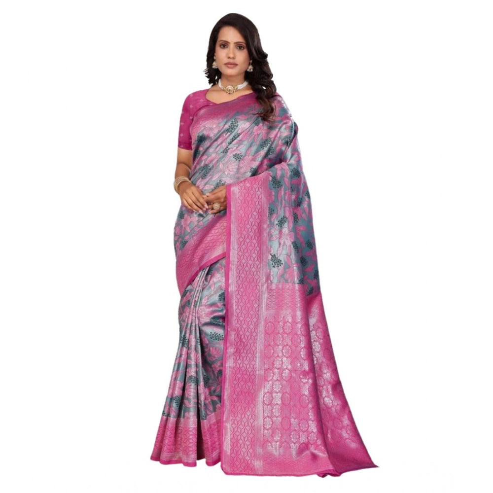 Women's Banarasi Silk Jaquard Woven Saree With Unstitched Blouse 5.5 Mtr (Pink)