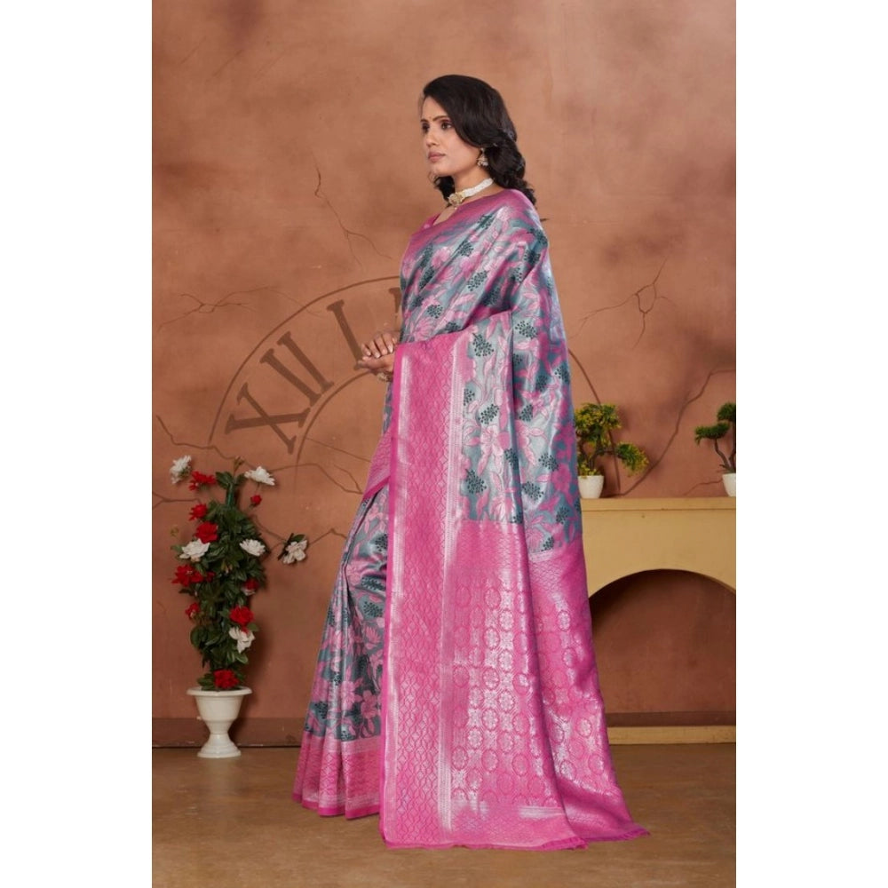 Women's Banarasi Silk Jaquard Woven Saree With Unstitched Blouse 5.5 Mtr (Pink)