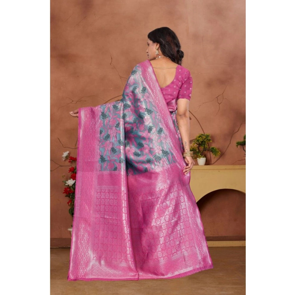 Women's Banarasi Silk Jaquard Woven Saree With Unstitched Blouse 5.5 Mtr (Pink)