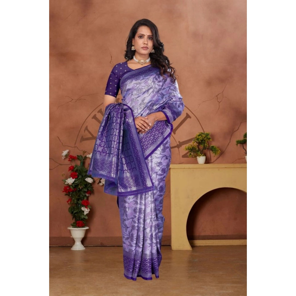 Women's Banarasi Silk Jaquard Woven Saree With Unstitched Blouse 5.5 Mtr (Purple)