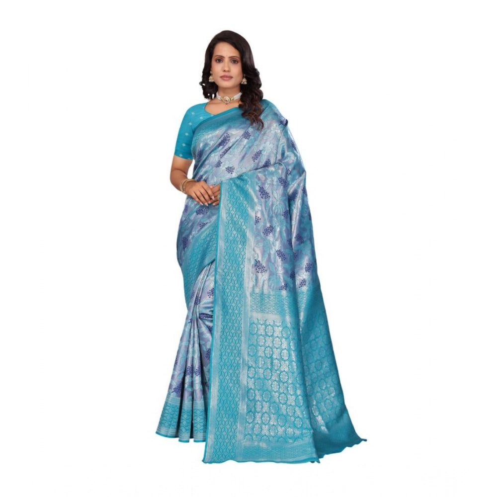 Women's Banarasi Silk Jaquard Woven Saree With Unstitched Blouse 5.5 Mtr (Light Blue)