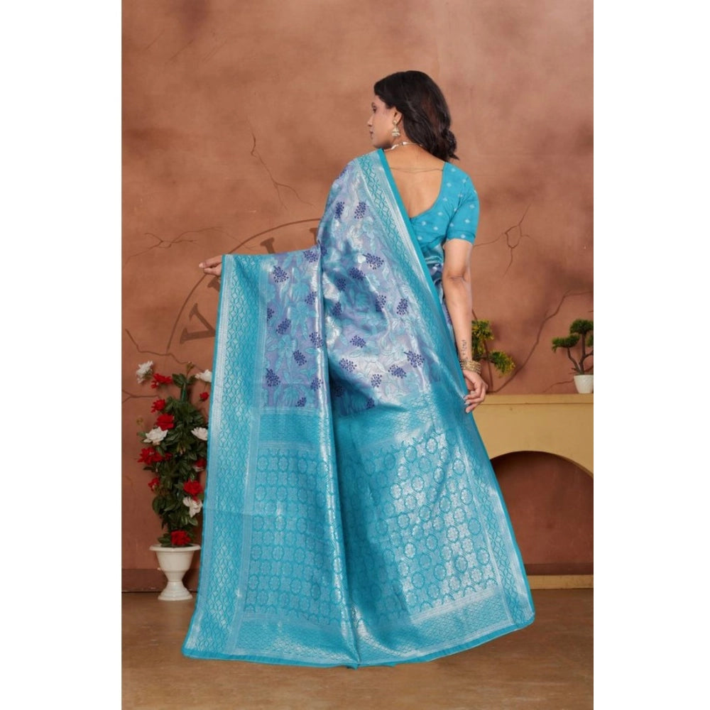 Women's Banarasi Silk Jaquard Woven Saree With Unstitched Blouse 5.5 Mtr (Light Blue)
