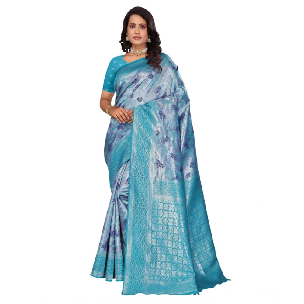 Women's Banarasi Silk Jaquard Woven Saree With Unstitched Blouse 5.5 Mtr (Light Blue)