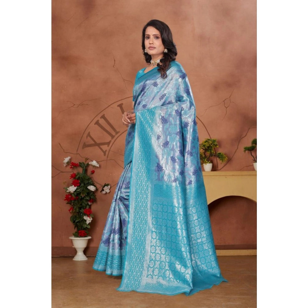 Women's Banarasi Silk Jaquard Woven Saree With Unstitched Blouse 5.5 Mtr (Light Blue)