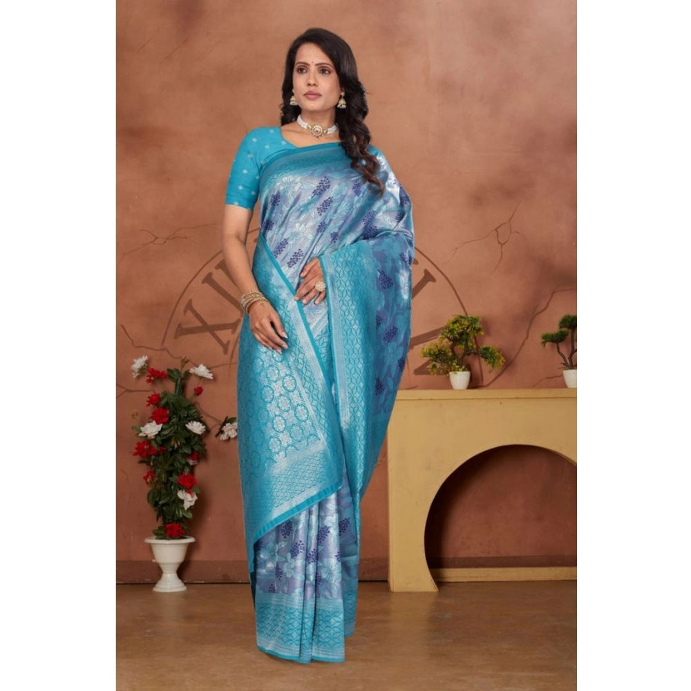 Women's Banarasi Silk Jaquard Woven Saree With Unstitched Blouse 5.5 Mtr (Light Blue)