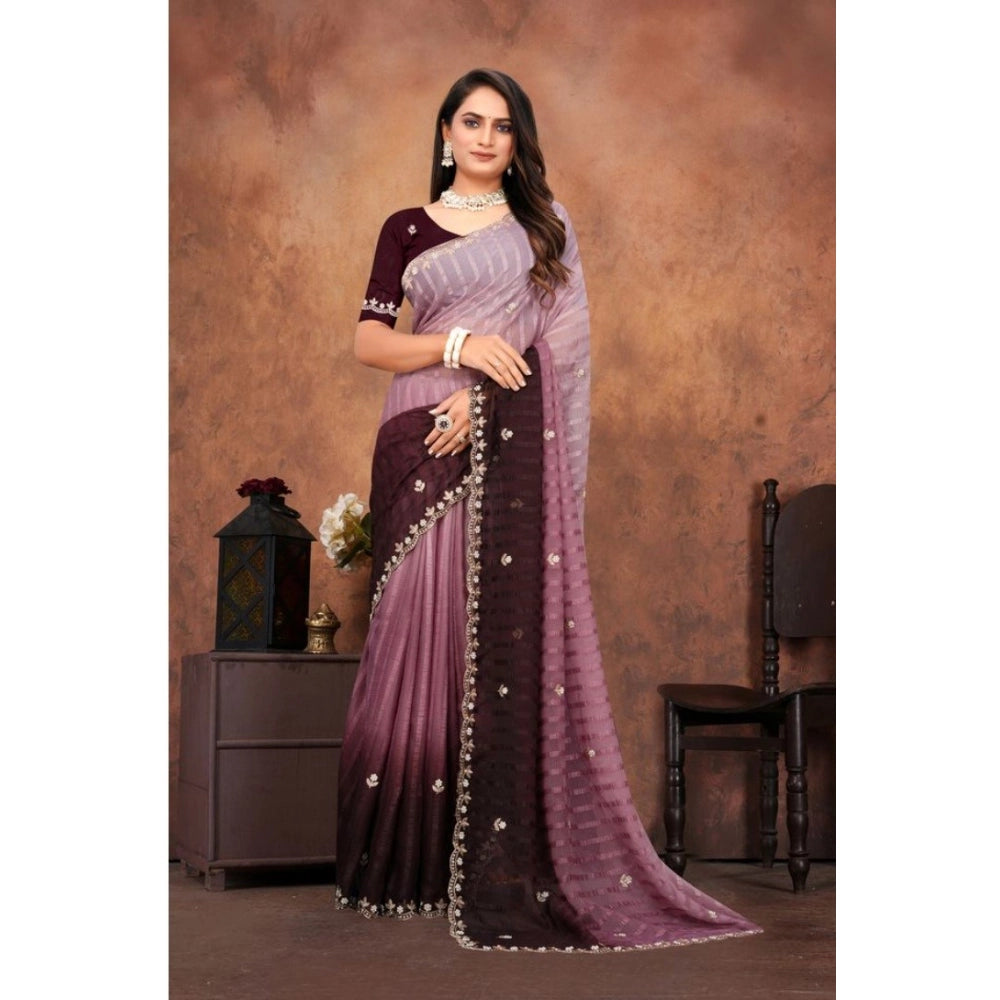 Women's Chiffon Embroidred Saree With Unstitched Blouse 5.5 Mtr (Beige)