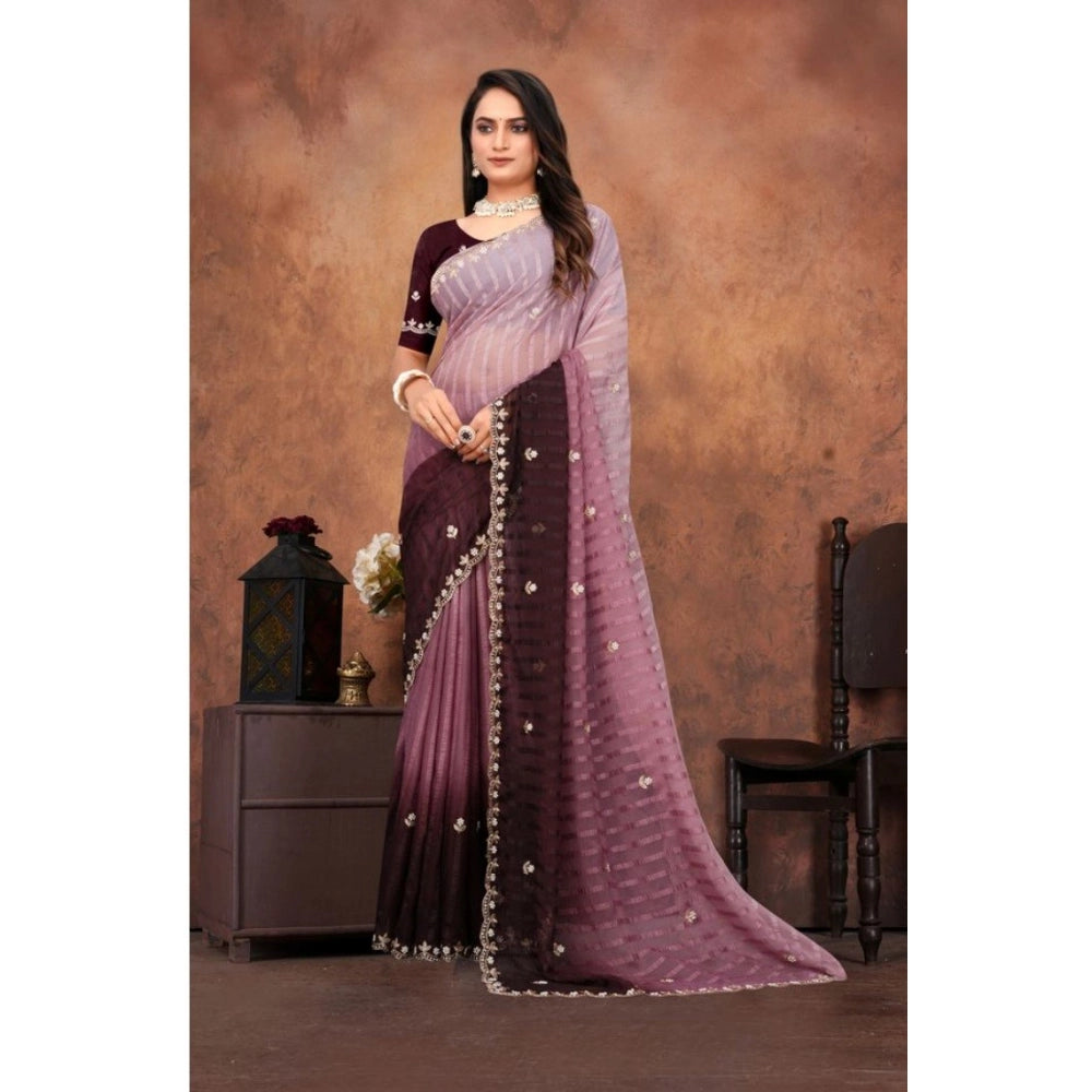 Women's Chiffon Embroidred Saree With Unstitched Blouse 5.5 Mtr (Beige)