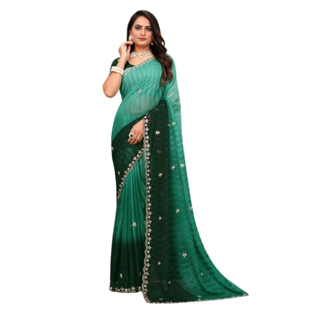 Women's Chiffon Embroidred Saree With Unstitched Blouse 5.5 Mtr (Dark Green)