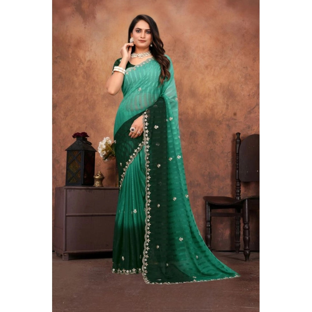 Women's Chiffon Embroidred Saree With Unstitched Blouse 5.5 Mtr (Dark Green)