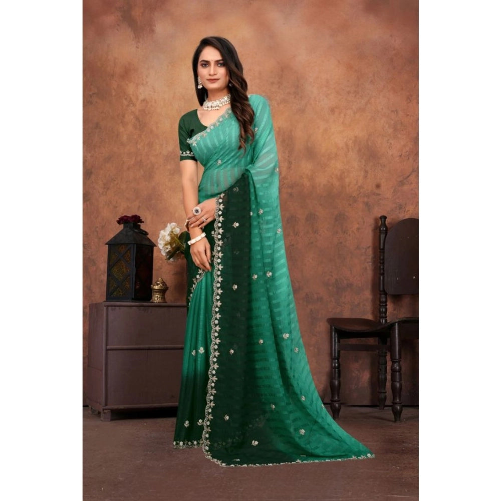 Women's Chiffon Embroidred Saree With Unstitched Blouse 5.5 Mtr (Dark Green)