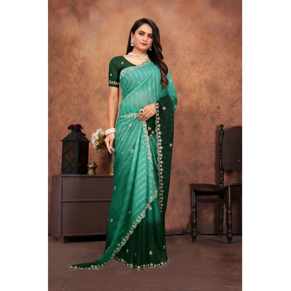 Women's Chiffon Embroidred Saree With Unstitched Blouse 5.5 Mtr (Dark Green)