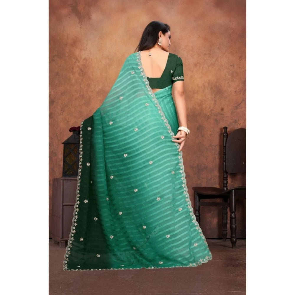 Women's Chiffon Embroidred Saree With Unstitched Blouse 5.5 Mtr (Dark Green)