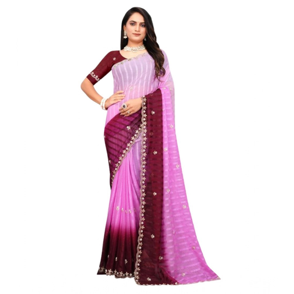 Women's Chiffon Embroidred Saree With Unstitched Blouse 5.5 Mtr (Pink)