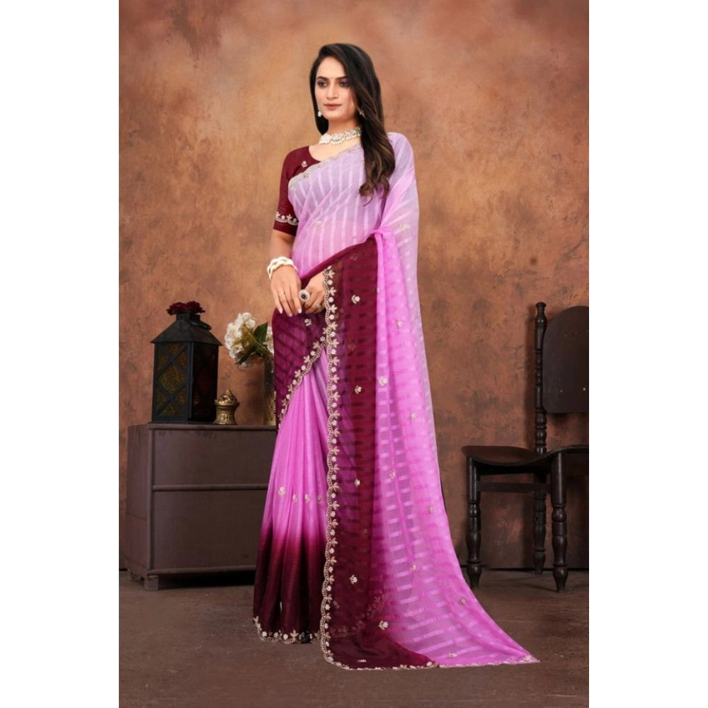 Women's Chiffon Embroidred Saree With Unstitched Blouse 5.5 Mtr (Pink)