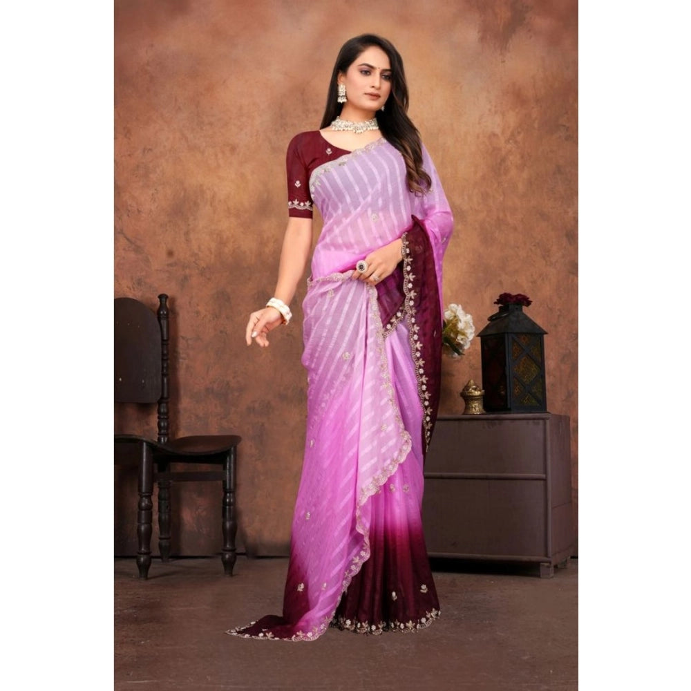 Women's Chiffon Embroidred Saree With Unstitched Blouse 5.5 Mtr (Pink)