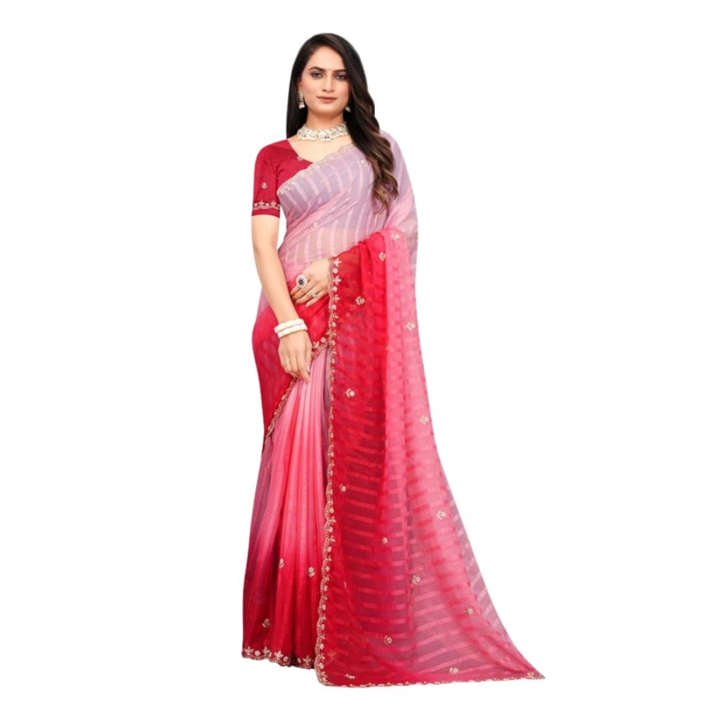 Women's Chiffon Embroidred Saree With Unstitched Blouse 5.5 Mtr (Pink)