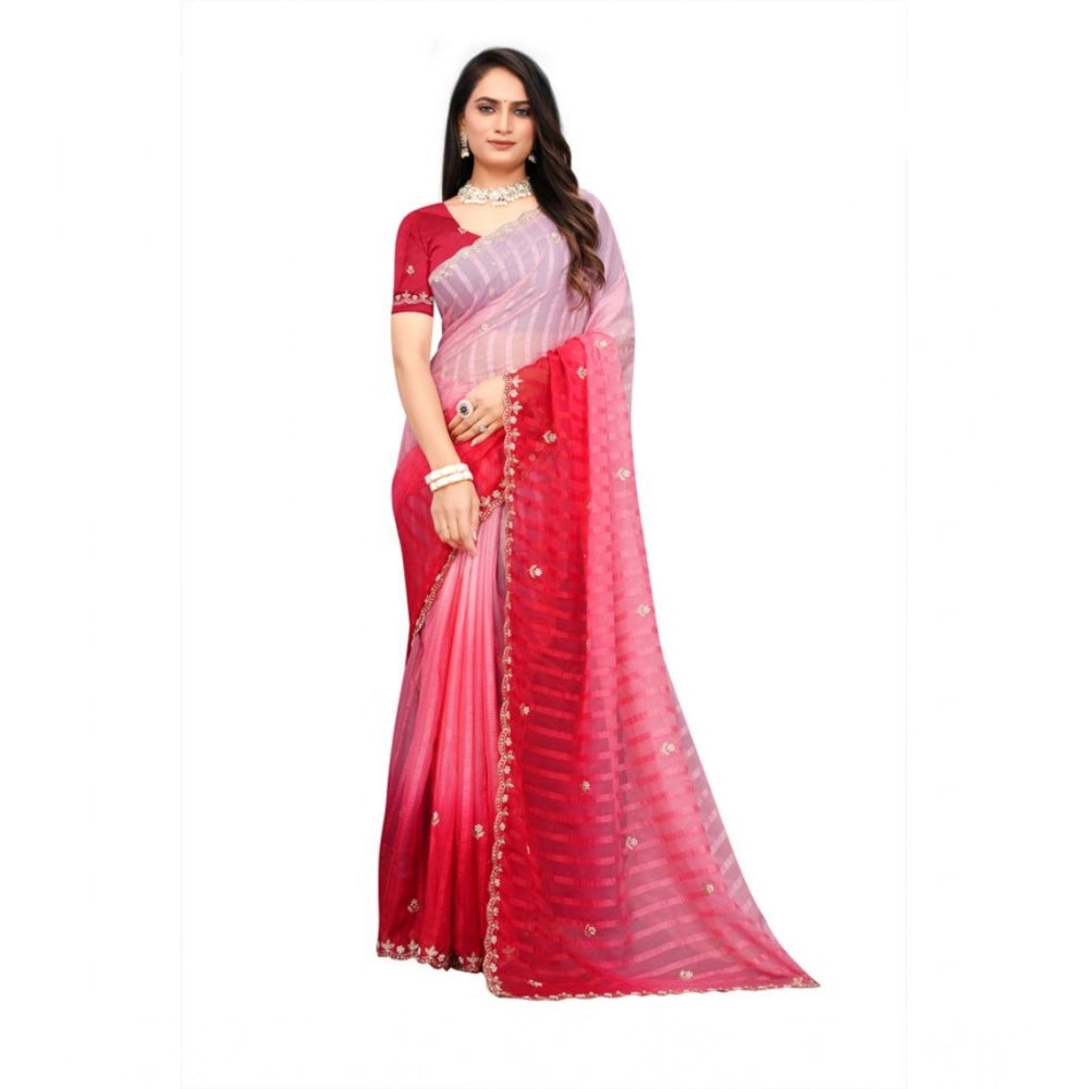 Women's Chiffon Embroidred Saree With Unstitched Blouse 5.5 Mtr (Pink)