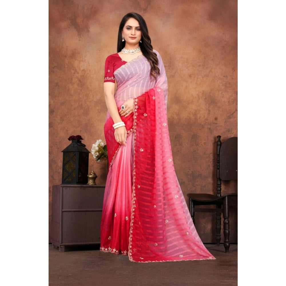 Women's Chiffon Embroidred Saree With Unstitched Blouse 5.5 Mtr (Pink)