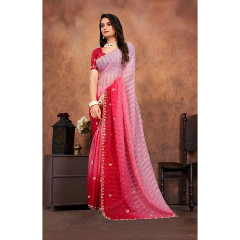 Women's Chiffon Embroidred Saree With Unstitched Blouse 5.5 Mtr (Pink)