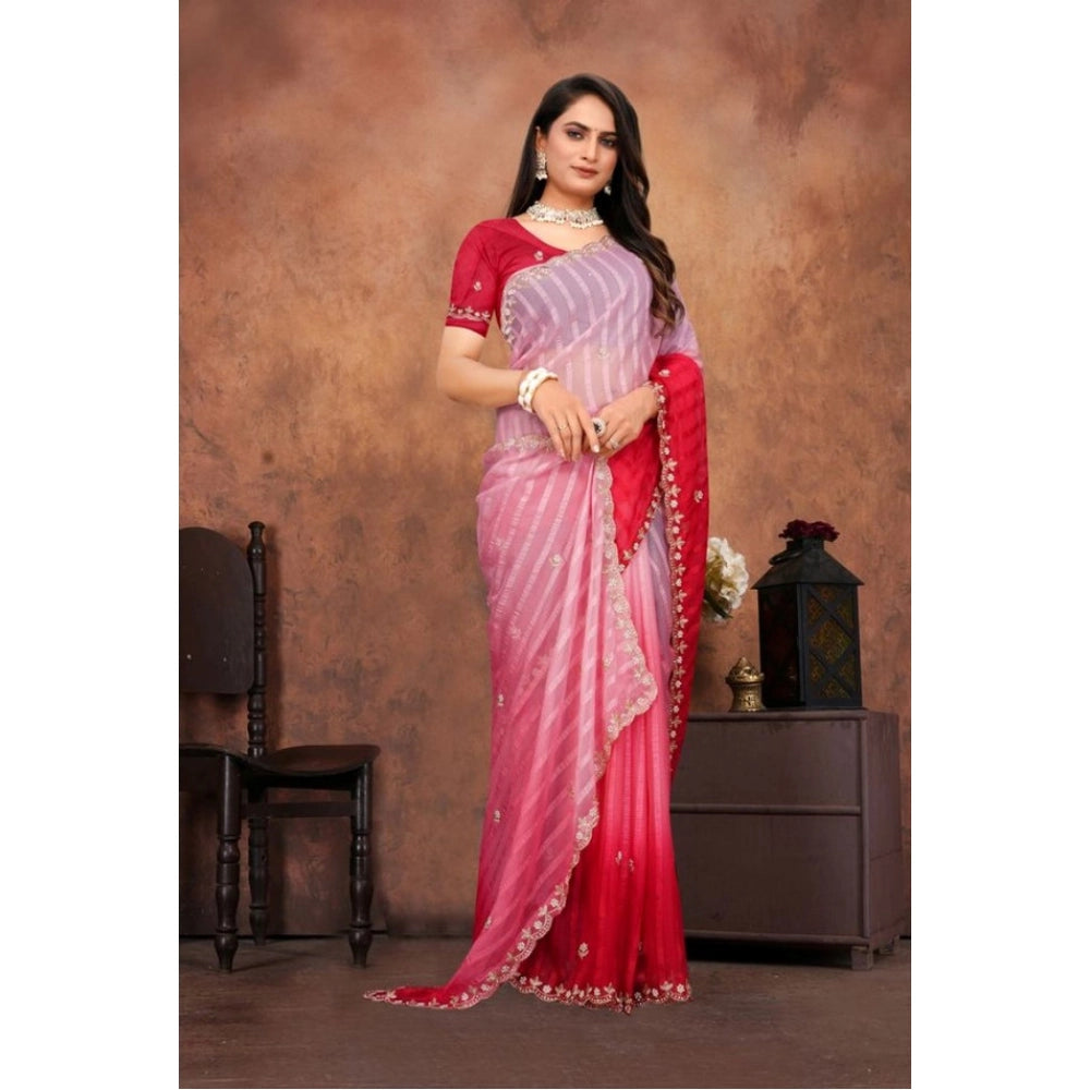 Women's Chiffon Embroidred Saree With Unstitched Blouse 5.5 Mtr (Pink)