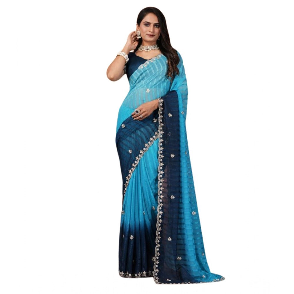 Women's Chiffon Embroidred Saree With Unstitched Blouse 5.5 Mtr (Light Blue)