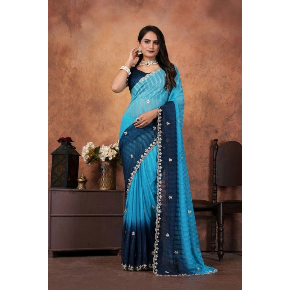 Women's Chiffon Embroidred Saree With Unstitched Blouse 5.5 Mtr (Light Blue)